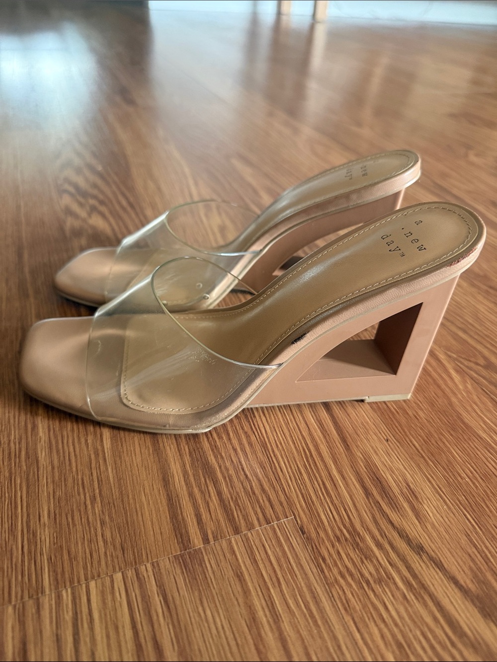 Clear Strap Nude Wedge Heels - Women's Fashion Mules